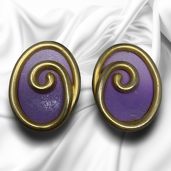 Vintage 1980's Purple Enamel Clip On Swirl Earrings Avant Garde New Wave Punk - Picture 1 of 5
